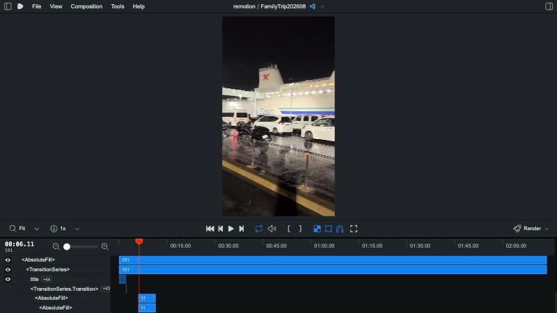 Remotion Studio の編集画面。上部にプレビュー、下部にタイムラインが並び、TransitionSeries の下に title シーケンスと各クリップの AbsoluteFill がツリー状に展開されている。再生ヘッドは6秒地点、全体尺は2分強